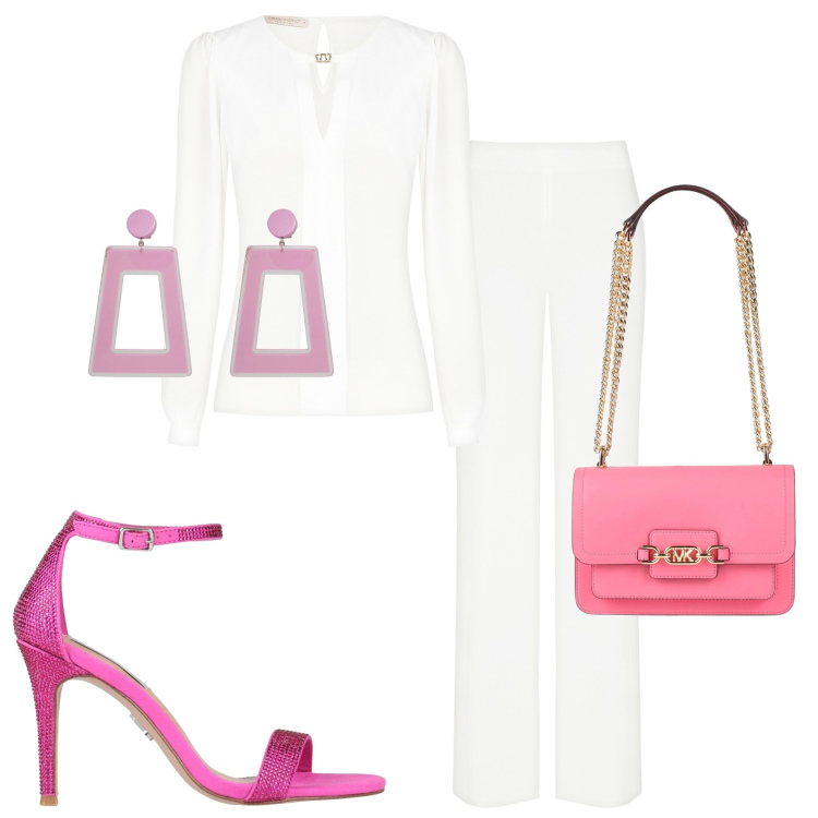 Outfit donna - Elegante in bianco. Stile Chic per Cerimonia. Abbinamento con orecchini, borse a spalla, sandali col tacco, pantaloni a palazzo, bluse.