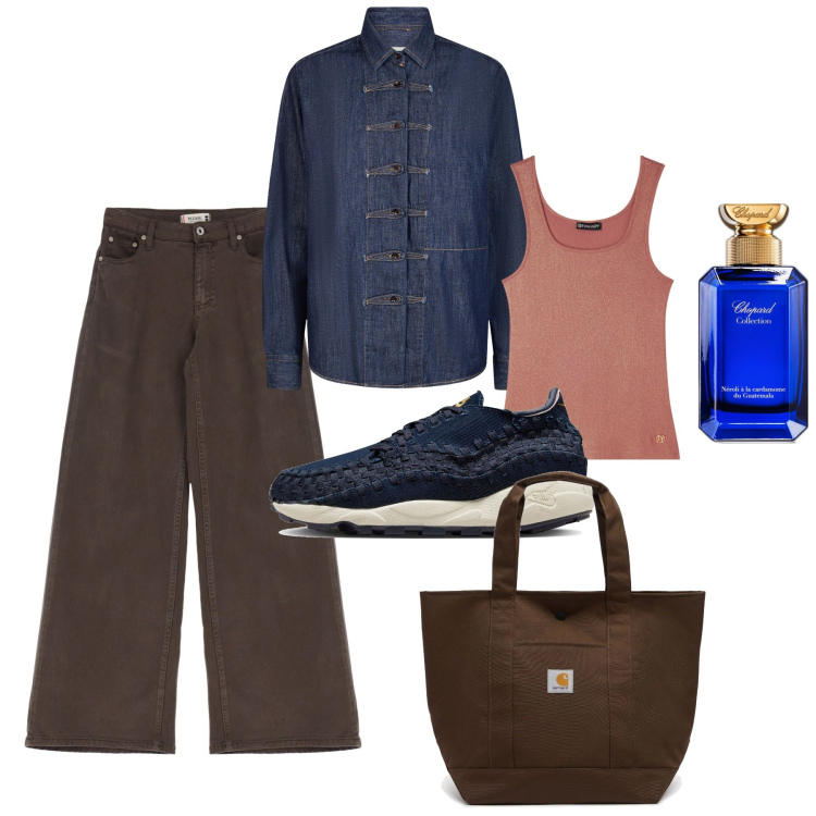 Outfit donna - Chinatown. Stile Casual per Tutti i giorni. Abbinamento con profumi, pantaloni, canottiere, camicie, sneakers, borse tote.