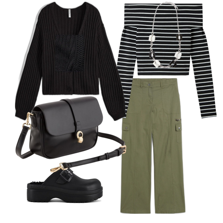 Outfit donna - Sabato. per Tutti i giorni. Abbinamento con pantaloni cargo, cardigans, t-shirt, sandali, borse a tracolla, collane.