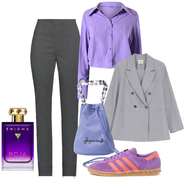 Outfit donna - Glicine. Stile Basic per Ufficio. Abbinamento con pantaloni, profumi, camicie, borse a secchiello, blazer, sneakers.