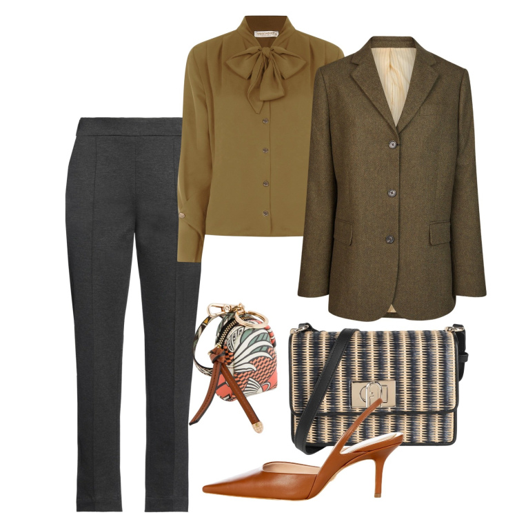 Outfit donna - Tempo di slingback. Stile Bon Ton per Ufficio. Abbinamento con pantaloni, borse a tracolla, décolleté, bluse, blazer, portachiavi.