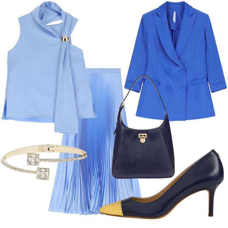 Outfit donna - Anniversario di matrimonio. Stile Chic per Ufficio. Abbinamento con gonne lunghe, blazer, top, décolleté, braccialetti, borse a spalla.