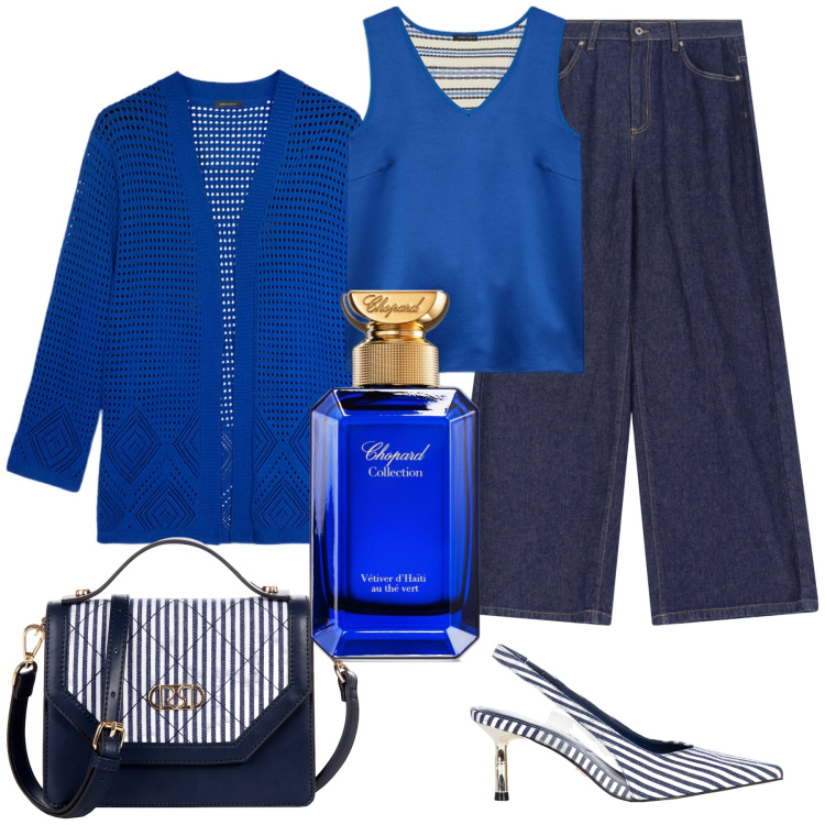 Outfit donna - Chopard collection. Stile Chic per Tutti i giorni. Abbinamento con profumi, décolleté, borse a mano, jeans, top, cardigans.