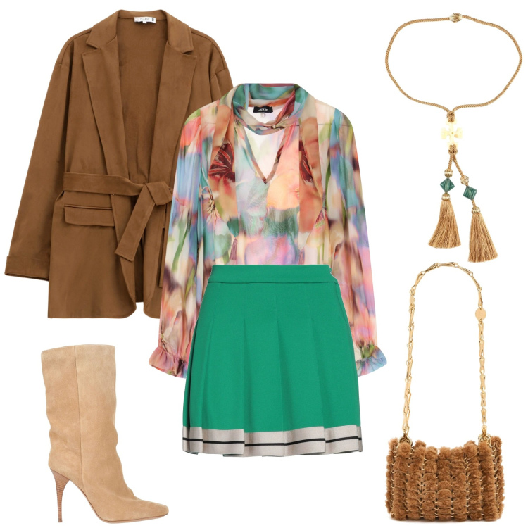 Outfit donna - Insoliti accostamenti. Stile Boho per Tutti i giorni. Abbinamento con minigonne, stivaletti, collane, blazer, camicie, borse a spalla.