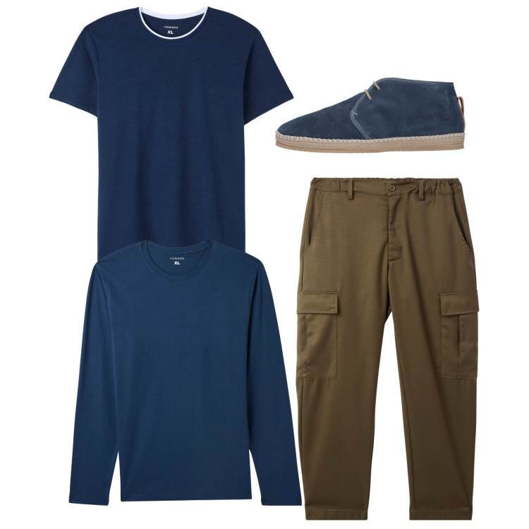 Outfit uomo - In centro. Stile Casual per Tutti i giorni. Abbinamento con stivali e stivaletti, t-shirt, maglieria, pantaloni cargo.
