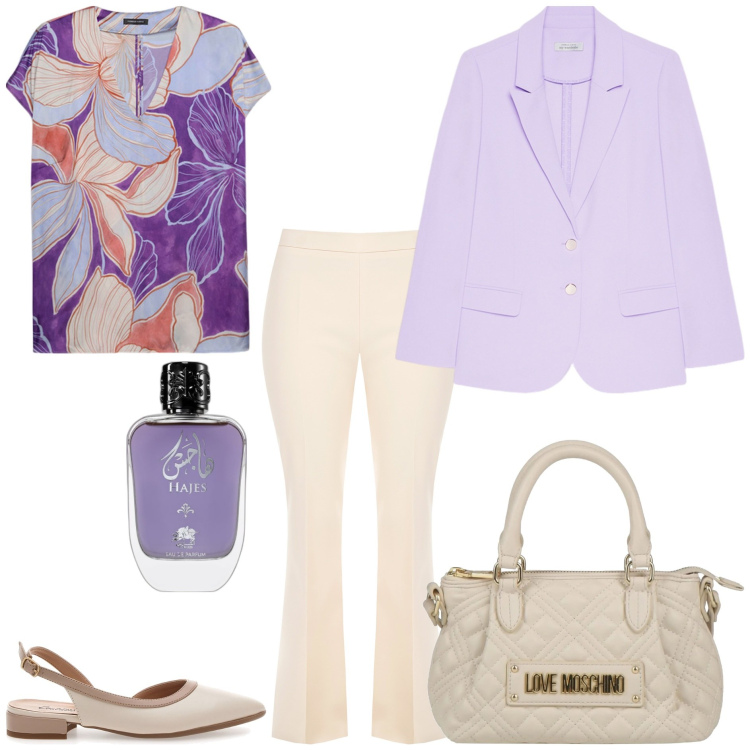 Outfit donna - I colori della rinascita - Focus curvy. Stile Minimal per Tutti i giorni. Abbinamento con borse a mano, profumi, pantaloni a palazzo, blazer, ballerine, bluse.
