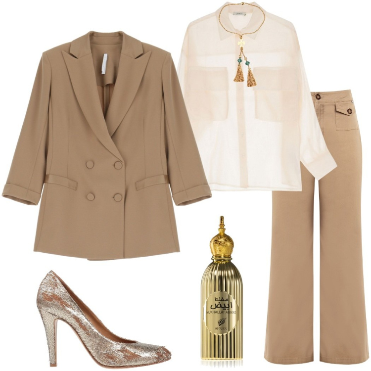 Outfit donna - Elegante in primavera. Stile Chic per Serata fuori. Abbinamento con décolleté, collane, pantaloni, profumi, blazer, camicie.