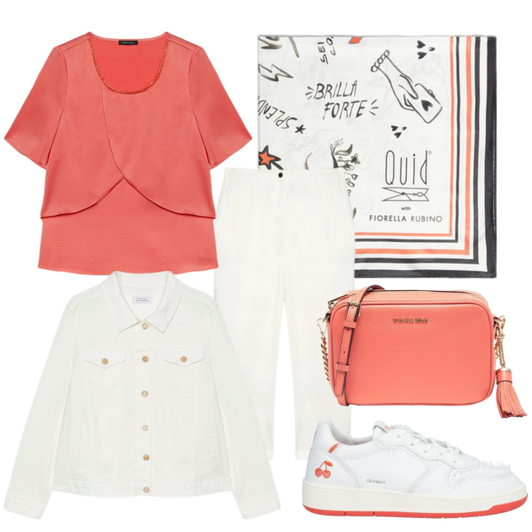 Outfit donna - Peach love. Stile Casual per Tutti i giorni. Abbinamento con borse a tracolla, sneakers, bluse, pantaloni, blazer, foulard.