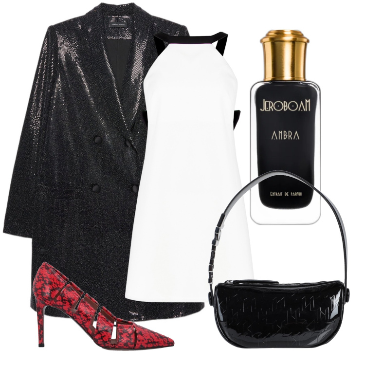 Outfit donna - Ambra. Stile Chic per Serata fuori. Abbinamento con borse a mano, décolleté, profumi, vestiti, blazer.