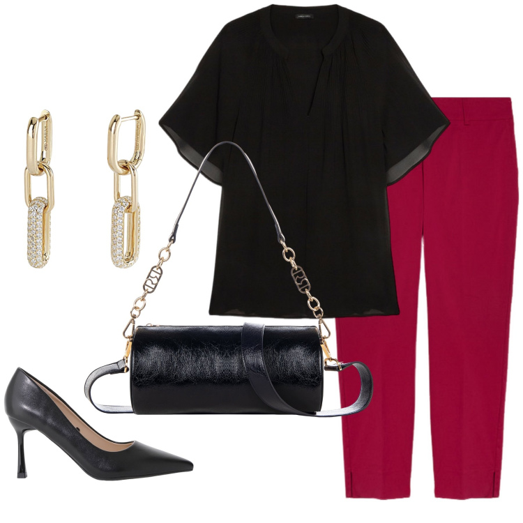 Outfit donna - Pochette a tubo. Stile Chic per Serata fuori. Abbinamento con orecchini, borse a mano, décolleté, bluse, pantaloni chino.