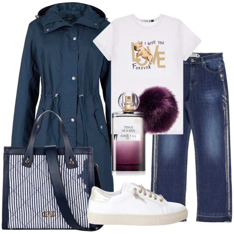Outfit donna - Tenue de soiree. Stile Casual per Tutti i giorni. Abbinamento con parka, profumi, jeans dritti, t-shirt, shopping bag, sneakers.