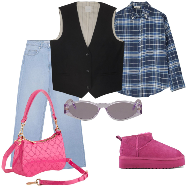 Outfit donna - Total look. Stile Casual chic per Tutti i giorni. Abbinamento con occhiali da sole, jeans, camicie, stivaletti, gilet, borse a tracolla.