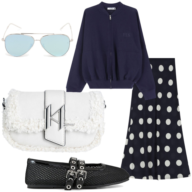 Outfit donna - Grease. Stile Vintage retrò per Ufficio. Abbinamento con borse a spalla, felpe, gonne lunghe, ballerine, occhiali da sole.