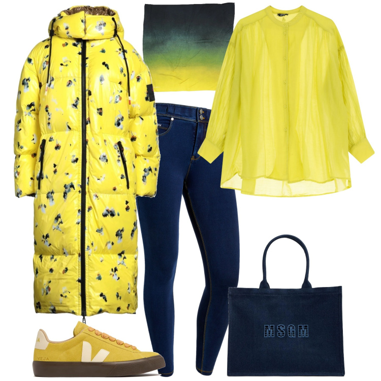 Outfit donna - Total look #2090109. Stile Sporty chic per Tutti i giorni. Abbinamento con sciarpe, piumini, jeans skinny, camicie, sneakers, shopping bag.