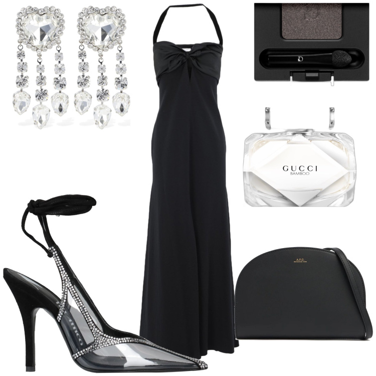 Outfit donna - Un elegantissimo evento del sabato. Stile Chic per Serata fuori. Abbinamento con vestiti lunghi, décolleté, profumi, ombretti, orecchini, clutch.