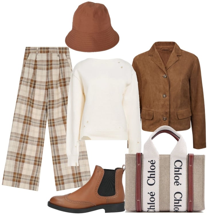 Outfit donna - L’ apericena con le amiche. Stile Casual chic per Serata fuori. Abbinamento con cappelli, pullovers, stivaletti chelsea, pantaloni, blazer, borse a mano.