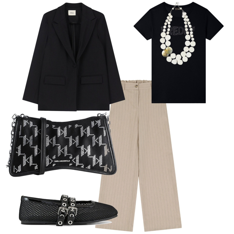 Outfit donna - Per tutti i giorni. per Serata fuori. Abbinamento con borse a tracolla, t-shirt, pantaloni a palazzo, blazer, ballerine, ciondoli.