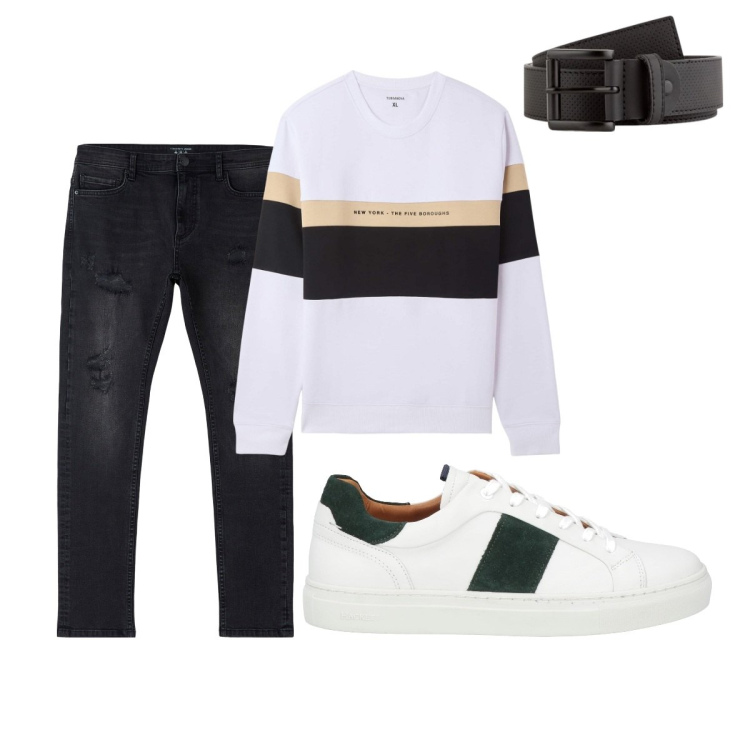 Outfit uomo - Total look #2090120. Stile Casual per Tutti i giorni. Abbinamento con sneakers, jeans strappati, felpe con cappuccio, cinture.