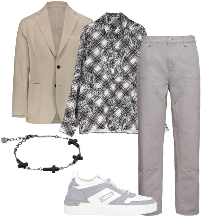 Outfit uomo - Giacca e sneakers. Stile Trendy per Ufficio. Abbinamento con sneakers, braccialetti, camicie, giacche, pantaloni.