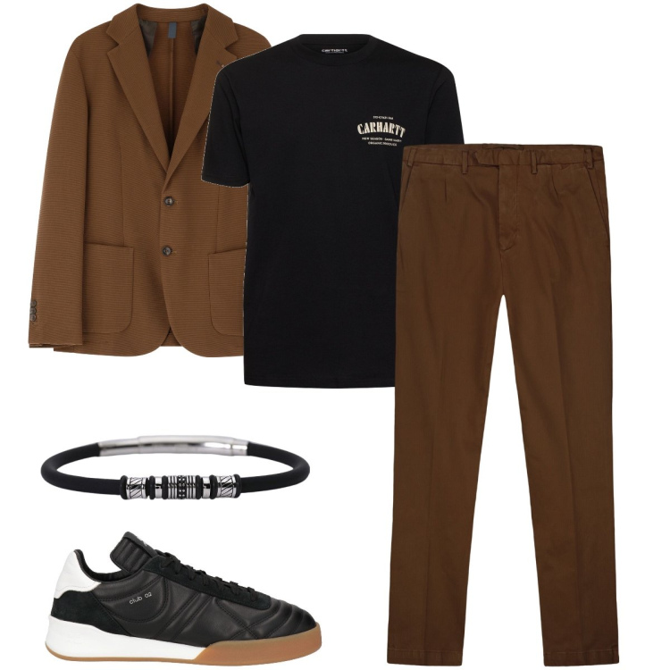 Outfit uomo - Nero e marrone. Stile Business/Elegante per Ufficio. Abbinamento con sneakers, braccialetti, giacche, pantaloni, t-shirt.