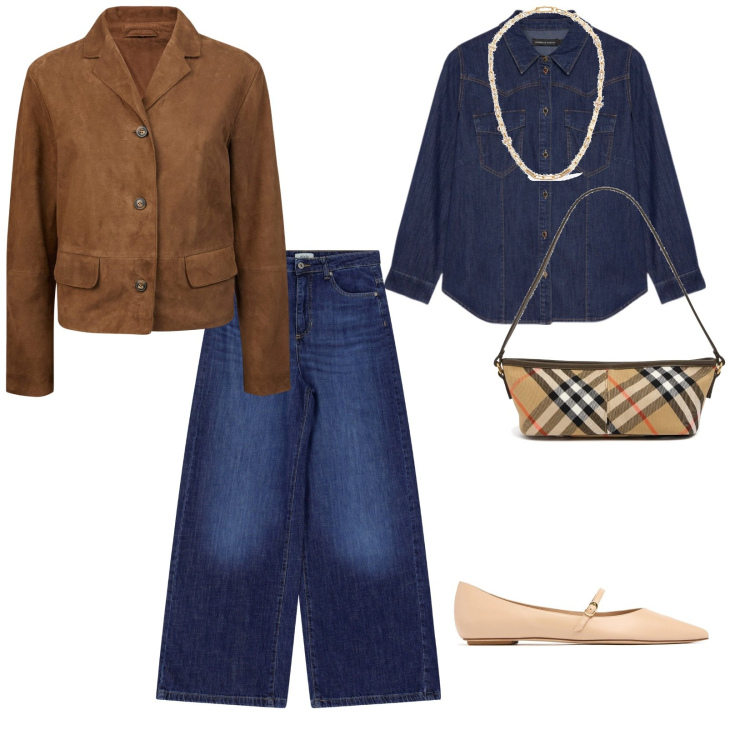 Outfit donna - Jeans e eleganza. per Tutti i giorni. Abbinamento con jeans, camicie, collane, borse a mano, blazer, ballerine.