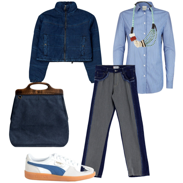 Outfit donna - Commissioni. per Tutti i giorni. Abbinamento con sneakers, blazer, jeans, borse a tracolla, camicie, collane.