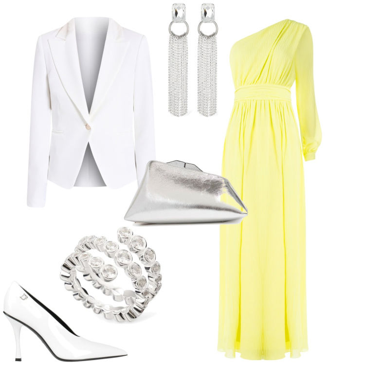 Outfit donna - Evento serata glamour. Stile Bon Ton per Serata fuori. Abbinamento con décolleté, blazer, vestiti lunghi, anelli, pochette, orecchini.