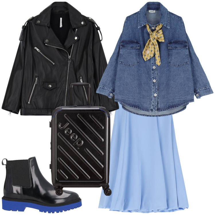 Outfit donna - Pronta per partire. Stile Glamour per Tutti i giorni. Abbinamento con stivaletti chelsea, gonne longuette, giacche, camicie, valigie.