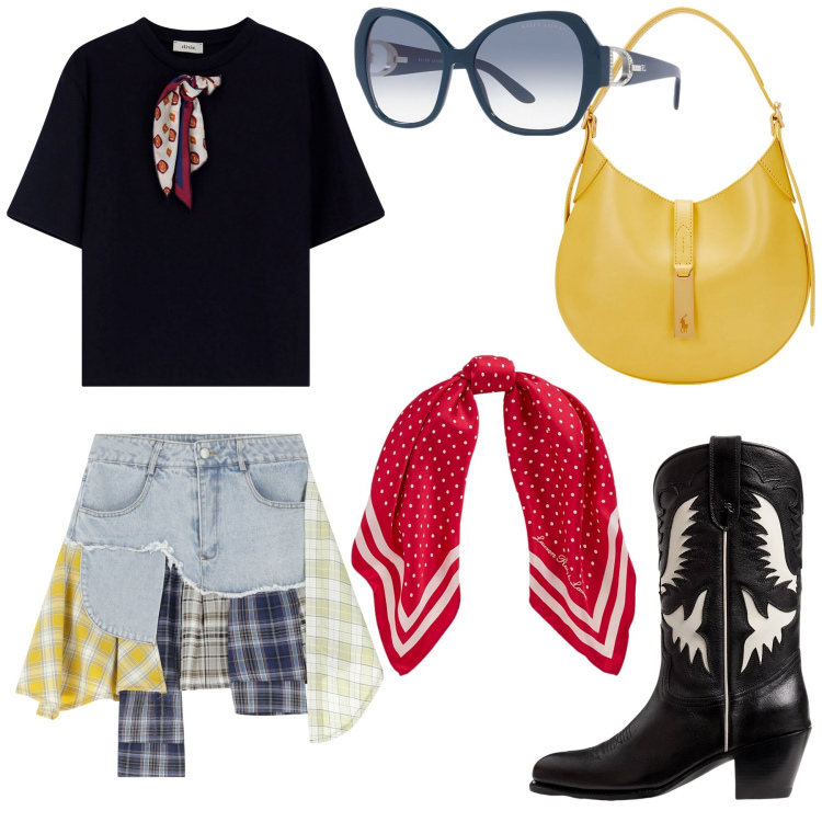 Outfit donna - Total look #2090150. Stile Rock per Tutti i giorni. Abbinamento con minigonne, t-shirt, stivali, borse a spalla, occhiali da sole, foulard.