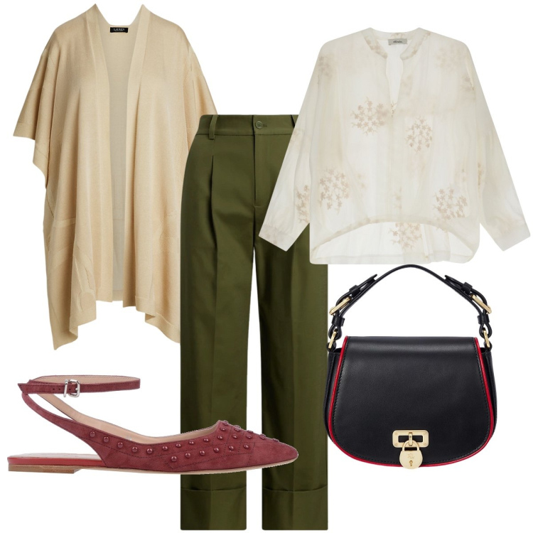 Outfit donna - Primi caldi. Stile Chic per Tutti i giorni. Abbinamento con ballerine, camicie, borse a tracolla, pantaloni, cappe.