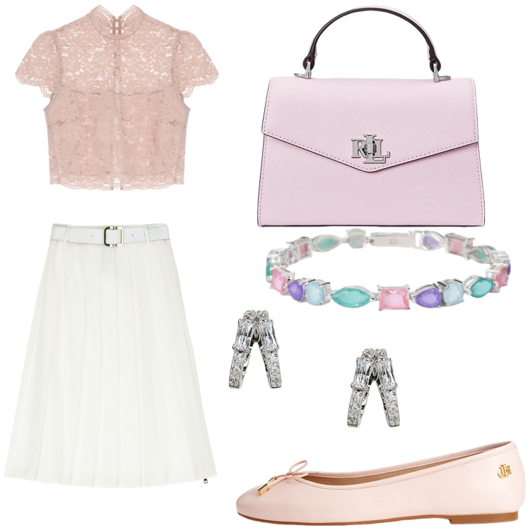 Outfit donna - Total look #2090154. Stile Bon Ton per Ufficio. Abbinamento con braccialetti, top, gonne longuette, orecchini, ballerine, borse a mano.