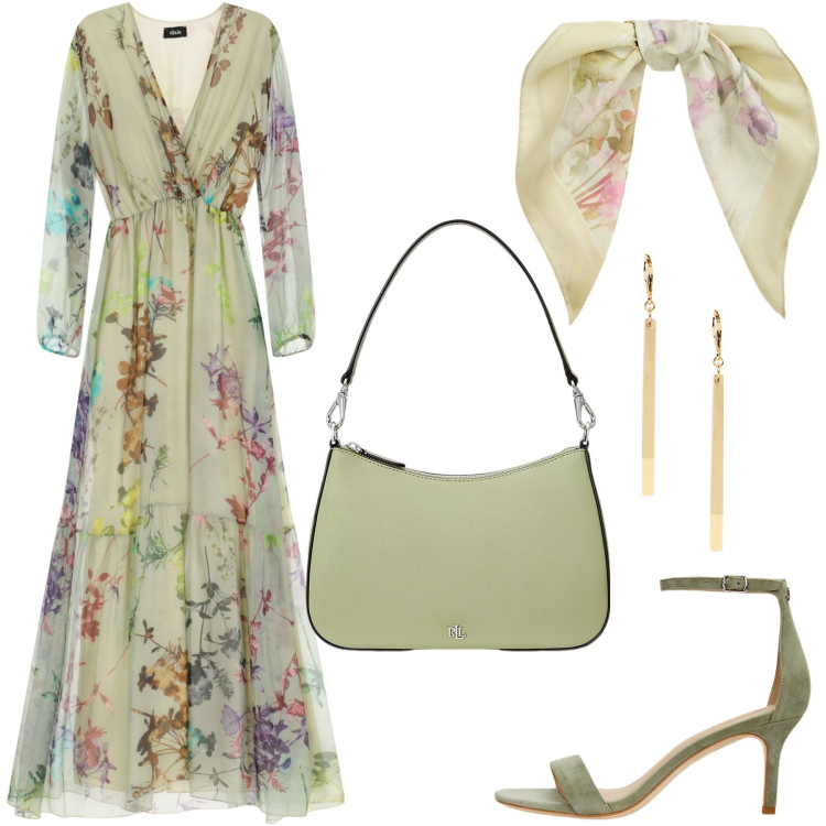 Outfit donna - Total look #2090163. Stile Romantica per Cerimonia. Abbinamento con vestiti lunghi, borse a spalla, sandali in pelle, foulard, orecchini.