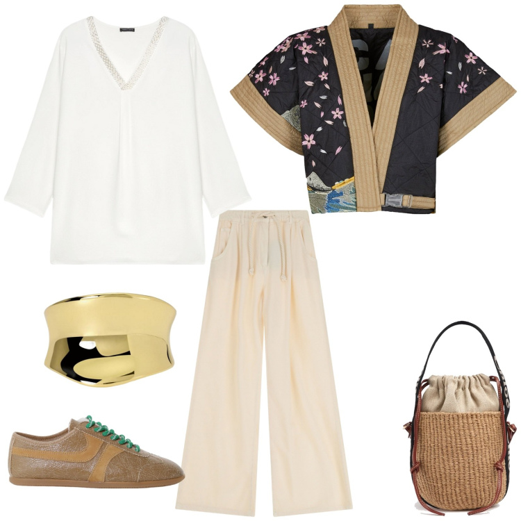 Outfit donna - Sapore d\'oriente. Stile Etnico per Tutti i giorni. Abbinamento con anelli, jeans, sneakers, kimono, t-shirt, borse a mano.