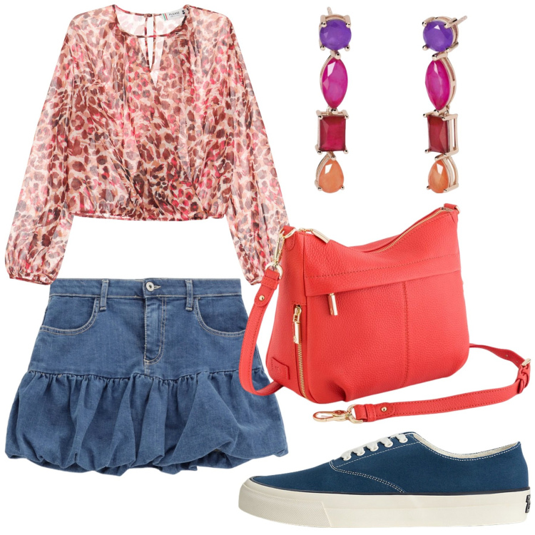 Outfit donna - Total look #2090169. Stile Casual per Tutti i giorni. look ideale per Petite. Abbinamento con orecchini, minigonne, bluse, sneakers, borse a tracolla.