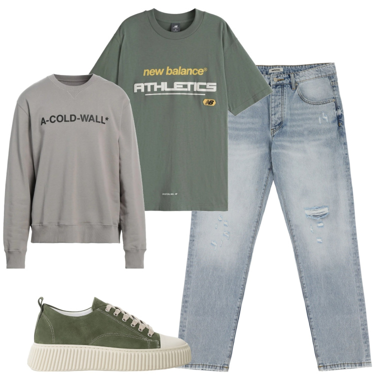 Outfit uomo - City. Stile Casual per Tutti i giorni. Abbinamento con felpe, t-shirt, jeans strappati, sneakers.