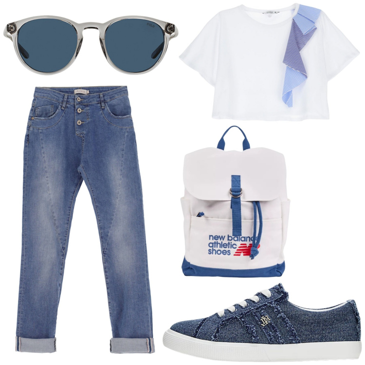 Outfit donna - Total look #2090175. Stile Urban per Scuola/Università. Abbinamento con zaini, jeans slim fit, t-shirt, occhiali da sole, sneakers.