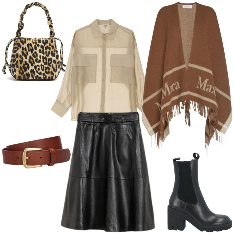 Outfit donna - Rock animalier. Stile Glamour per Serata fuori. Abbinamento con gonne, stivaletti chelsea, camicie, borse a mano, cinture, cappotti.