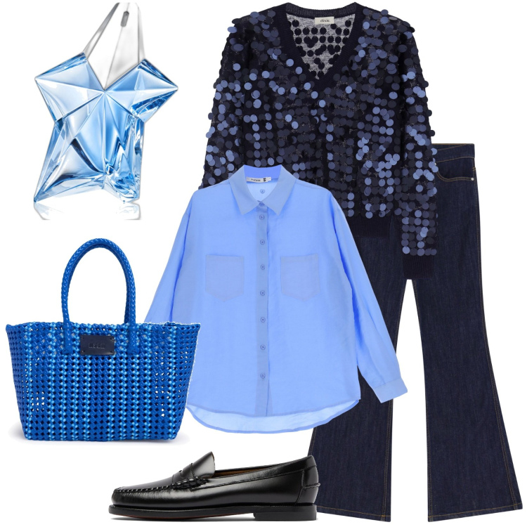 Outfit donna - Sparkling like a star. Stile Casual chic per Tutti i giorni. Abbinamento con profumi, camicie, maglieria, jeans a zampa, mocassini, shopping bag.