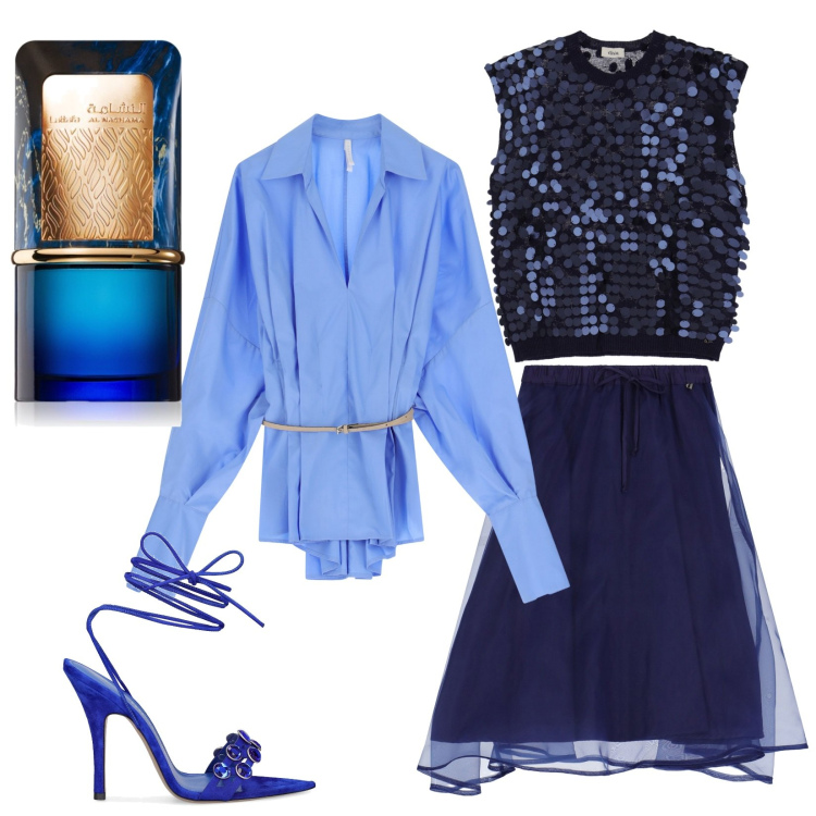 Outfit donna - Sparkling like a star. Stile Glamour per Serata fuori. Abbinamento con profumi, camicie, gonne longuette, top, sandali in pelle.