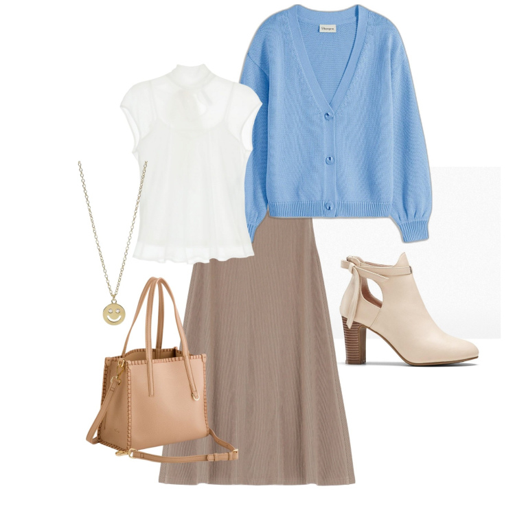 Outfit donna - Spring 2. Stile Casual chic per Ufficio. Abbinamento con stivaletti, cardigans, collane, top, gonne lunghe, borse a mano.