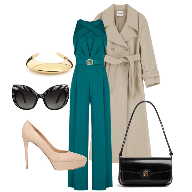 Outfit donna - Spring 3. Stile Chic per Cerimonia. Abbinamento con décolleté, occhiali da sole, tute, trench, borse a spalla, braccialetti.