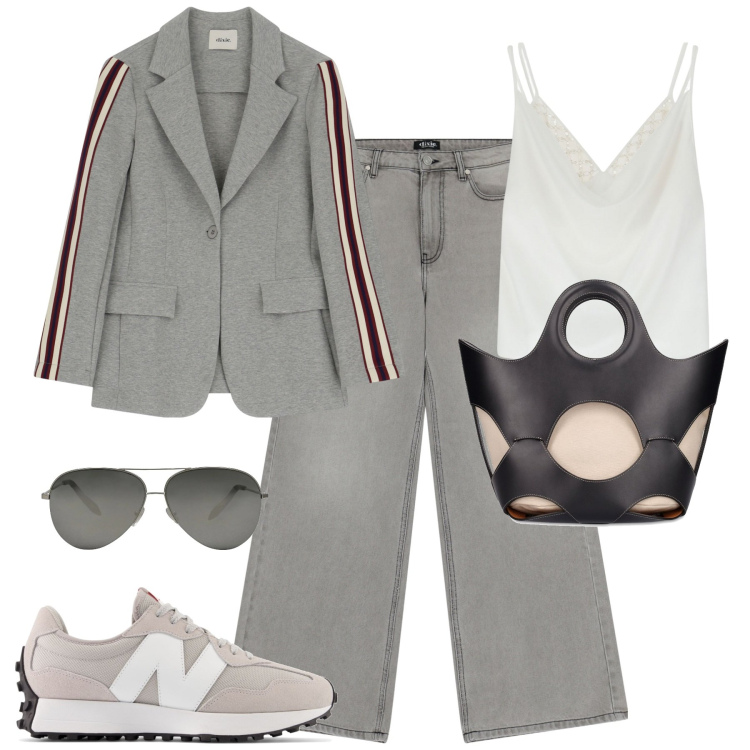 Outfit donna - City. Stile Casual chic per Tutti i giorni. Abbinamento con occhiali da sole, sneakers, canottiere, jeans, blazer, borse a mano.