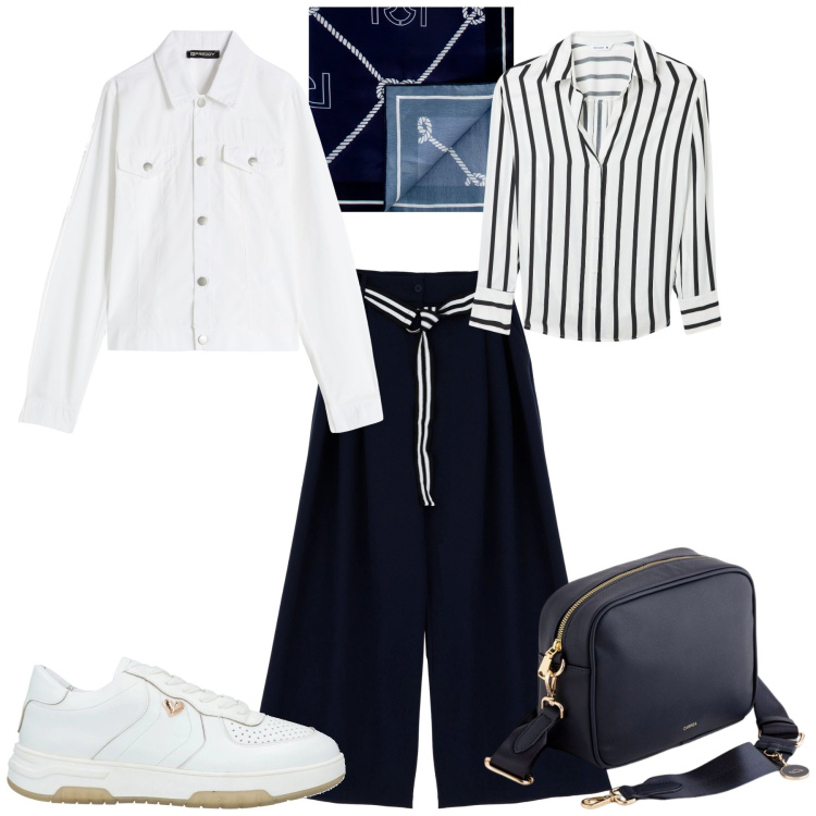 Outfit donna - Week end. Stile Sporty chic per Mare. Abbinamento con sneakers, pantaloni a palazzo, camicie, foulard, blazer, borse a tracolla.