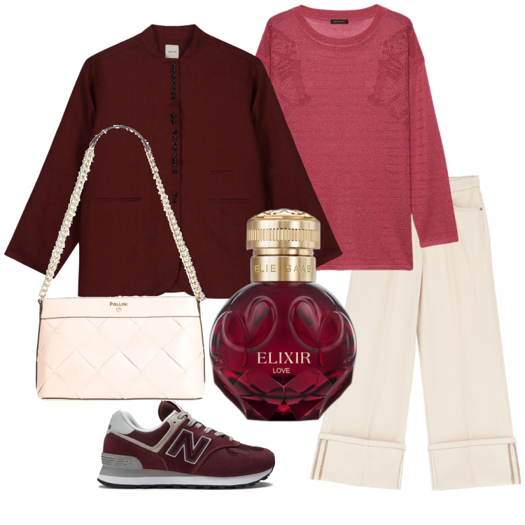 Outfit donna - Elisir love. Stile Casual per Tutti i giorni. Abbinamento con borse a spalla, profumi, sneakers, pantaloni, maglieria, blazer.