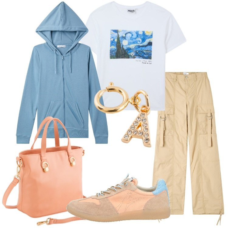 Outfit donna - Avventure primaverili. Stile Casual per Tutti i giorni. Abbinamento con sneakers, pantaloni cargo, felpe con cappuccio, t-shirt, borse a mano, portachiavi.