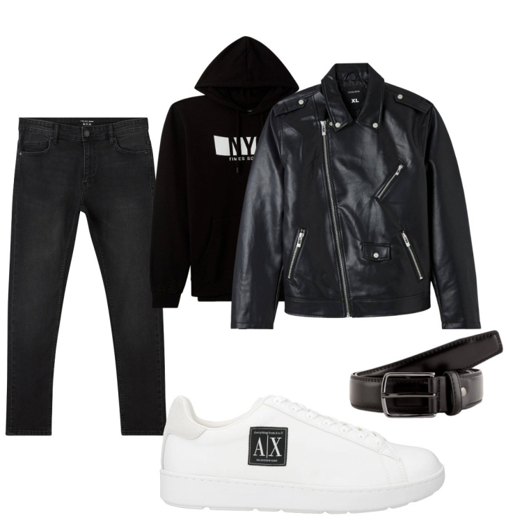 Outfit uomo - Total look #2090221. Stile Trendy per Tutti i giorni. Abbinamento con sneakers, jeans skinny, giacche, felpe con cappuccio, cinture.