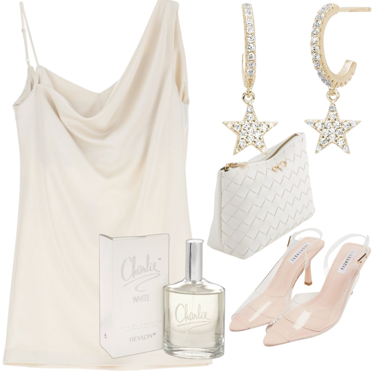 Outfit donna - Sotto le stelle dí inizio primavera. Stile Chic per Serata fuori. Abbinamento con profumi, sandali col tacco, orecchini, vestiti asimmetrici, pochette.