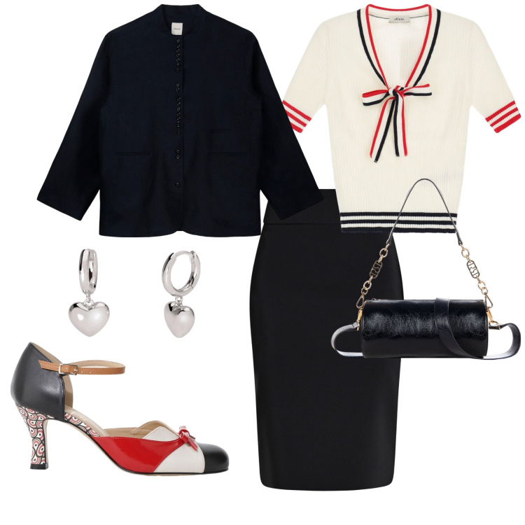 Outfit donna - A lavoro. per Ufficio. Abbinamento con orecchini, gonne, borse a mano, maglieria, décolleté, blazer.