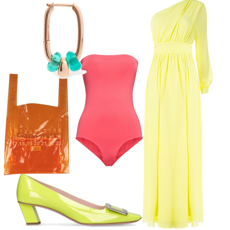 Outfit donna - Serata fluo. Stile Trendy per Serata fuori. Abbinamento con borse a mano, vestiti lunghi, orecchini, body, décolleté.