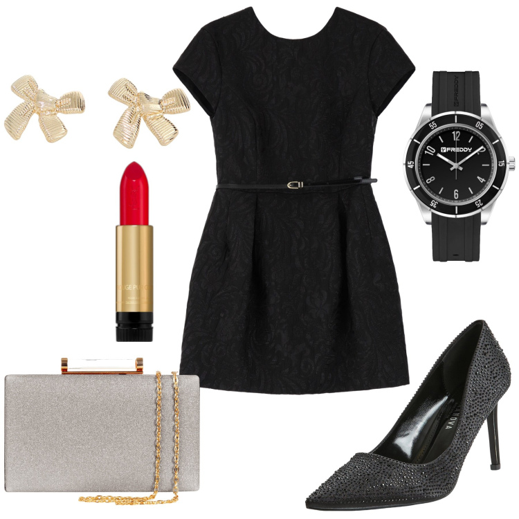 Outfit donna - Orologio maschile look femminile. Stile Glamour per Serata fuori. Abbinamento con rossetti, décolleté, clutch, vestiti corti, orologi, orecchini.